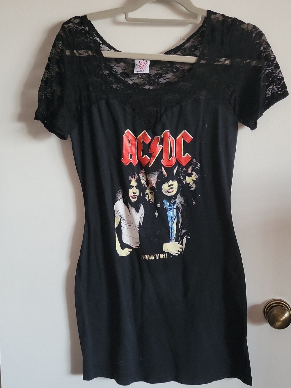 eye candy Black Lace-Shoulder AC/DC Graphic Mini Dress with Red Logo